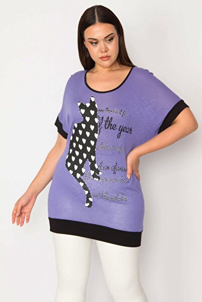 Şans Women's Large Size Lilac Front Stone and Print Detailed Tunic 65n30359