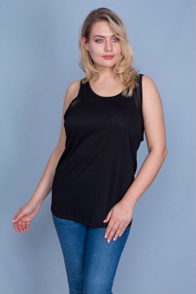 Şans Women's Large Size Black Armhole Tulle Detailed Sports Blouse 65n25824