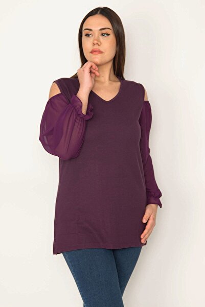 Şans Women's Plus Size Plum Shoulder Low-cut Sleeve Chiffon Detailed Blouse 65n31383