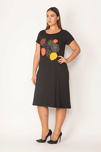 Şans Rochie de damă cu vâscoză brodată neagră mărime Plus 65n32619
