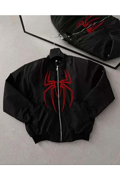 modamtn Unisex Long Sleeve Spider Printed Bomber Jacket - Black