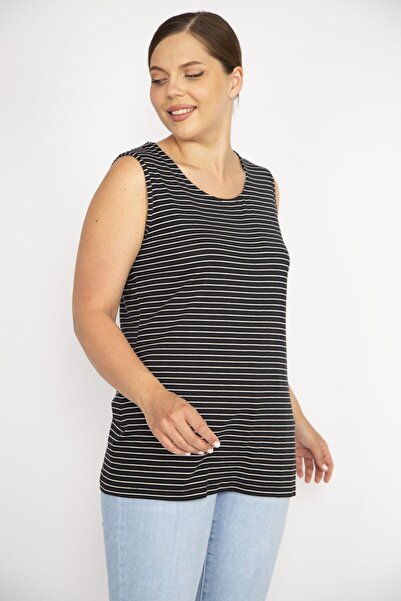 Şans Women's Black Plus Size Sleeveless Striped Lycra Viscose Blouse 65n36579