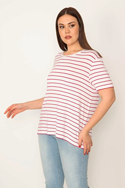 Şans Tekstil Women's Bone Colored Crew Neck Striped Blouse 26a32061