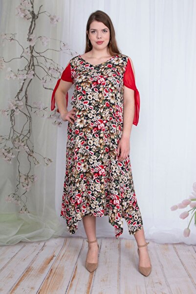 Şans Жіноча сукня з червоними рукавами та квітковим візерунком 65N23462