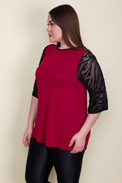 Şans Women's Large Size Burgundy Sleeves Flocked Tulle Detailed Viscose Blouse 65n25580