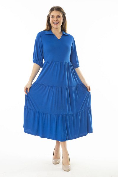 Şans Women's Large Size Sax Collared Cuffs with Elastic Detail Layered Long Dress 65N37071