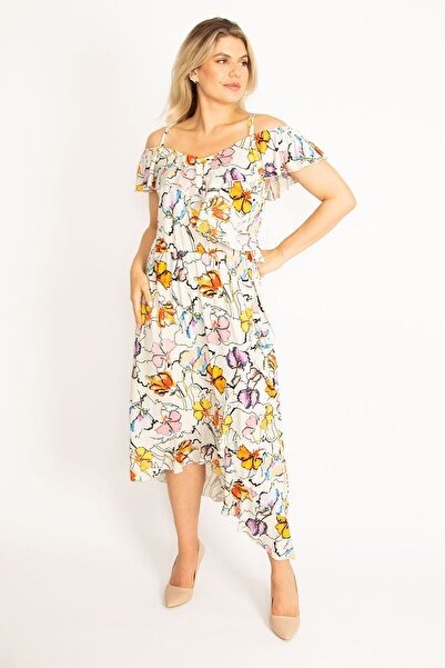 Şans Women's Large Size Colorful Collar Elastic Strap and Flounce Detailed Dress 65n34441