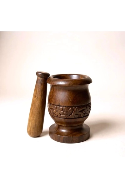 bohoostudio El Oyması Gül Ağacı Havan ve Tokmağı-Geleneksel Ahşap Baharat Öğütücü-Hap Öğütücü-Kuruyemiş Öğütücü