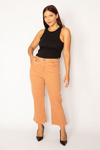 Şans Women's Large Size Orange Ankle Length 5 Pocket Jeans Trousers 65n34343