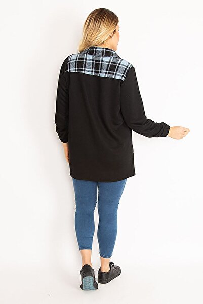 Şans Női nagy méretű kék kockás, elöl díszített, gombos zsebes ing 65n35140