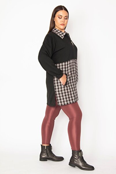 Şans Women's Large Size Gray Plaid Pattern Detailed Zippered Pocket Coat 65n29569