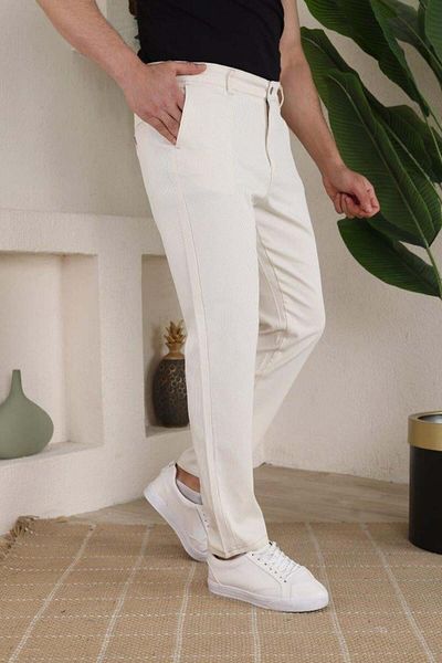modamtn Men's Casual Slim Fit Cord Patterned Fabric Trousers