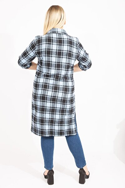 Şans Rochie tunică cu garnitură din piele artificială, cu nasturi în față, cu model în carouri albastre, pentru femei 65n35422