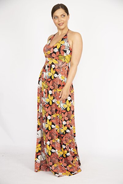 Şans Γυναικείο πολύχρωμο μεγάλου μεγέθους φόρεμα χωρίς πλάτη με λουράκι V-λαιμόκοψη μακρύ φόρεμα 65n36560