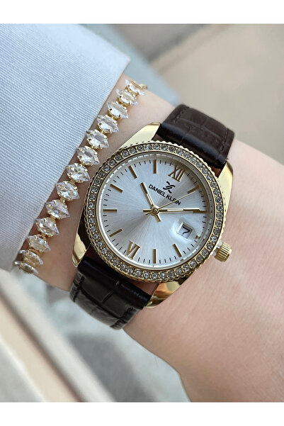 Daniel Klein Kordonu Kahverengi Kasası Sarı Kadın Kol Saati Ve Bileklik