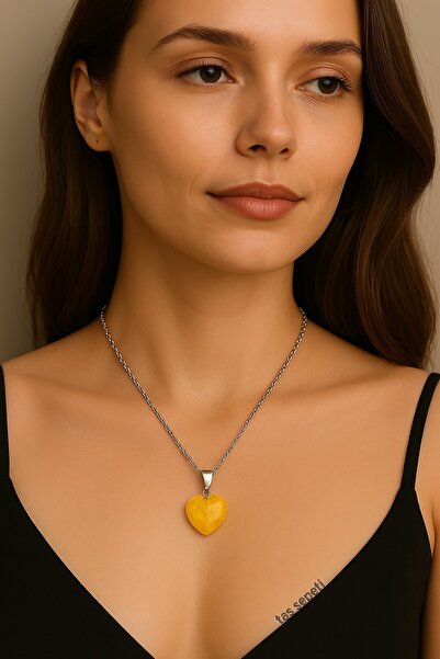 TAŞ SEPETİ Gerçek Sitrin Taşı Kalp Model Kolye Ucu Para Bolluk Bereket