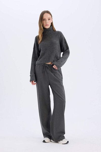 DeFacto Cool Wide Leg Pantaloni largi cu picioare late Talie elastică cu șireturi cu buzunare C1428ax25sp