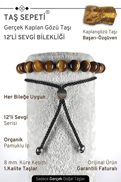 TAŞ SEPETİ 12'li Mutlak Sevgi Serisi Gerçek Kaplan Gözü Doğal Taşı Unisex Aya...