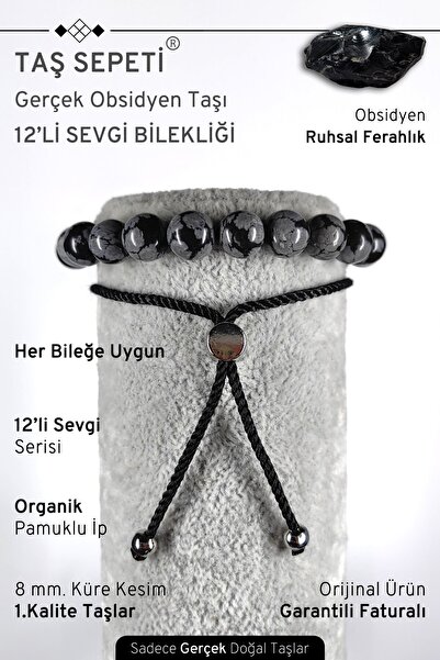 TAŞ SEPETİ 12'li Mutlak Sevgi Serisi Gerçek Obsidyen Doğal Taşı Unisex Ayarlı...