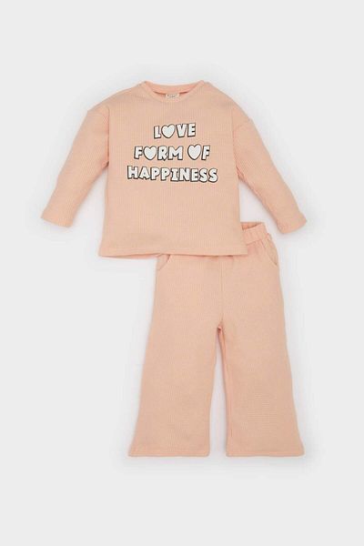 DeFacto Set aus Sweatshirt mit Waffelmuster, Rundhalsausschnitt, elastischer Taille und Jogginghose mit weitem Bein für Babys