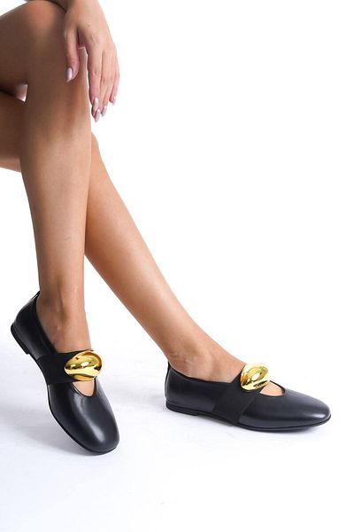 Mubiano Collection Mubiano Genuine Leather Collection Women's Gold Buckle Detailed Ballerinas Black - Mcrgn8037 - S