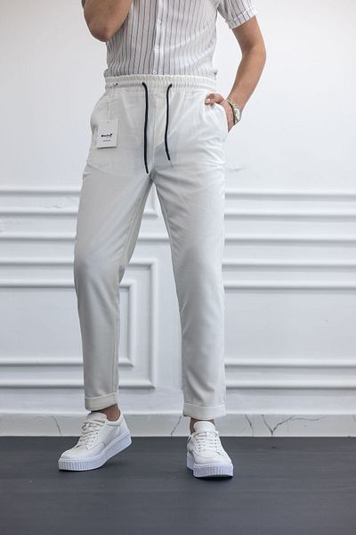 hello7 Men's White Elastic Waist Lace up Double Leg Jogger Pants