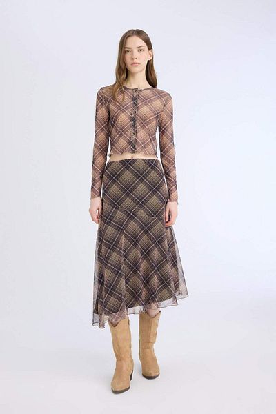 DeFacto Asymmetrischer, karierter Tüll-Midirock mit normaler Taille E4811AX25SP