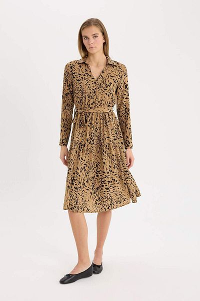 DeFacto Rochie midi cu mâneci lungi cu model leopard cu guler de cămașă E5995AX25SP