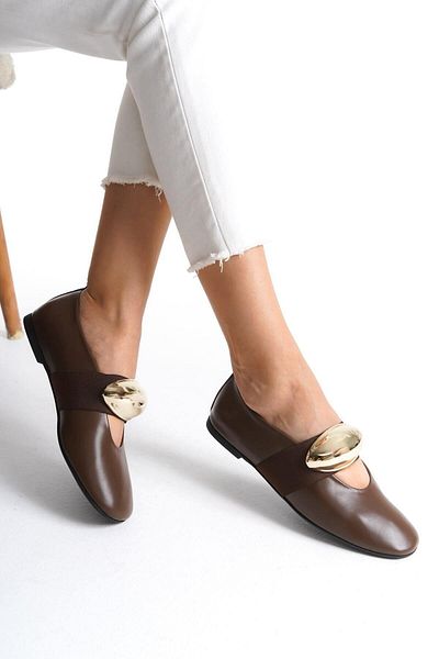 Mubiano Collection Mubiano Genuine Leather Collection Women's Gold Buckle Detailed Ballerina Brown - Mcrgn8037 - Kh
