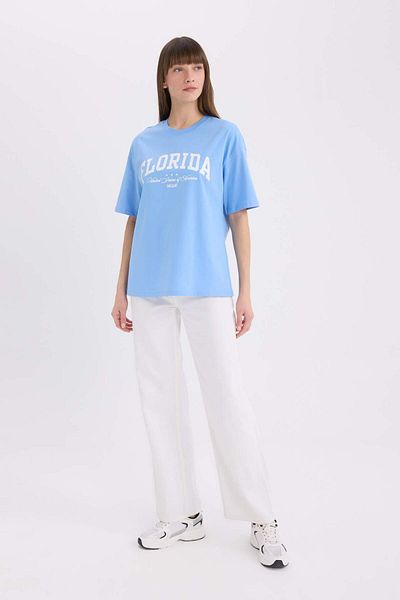 DeFacto Μπλουζάκι με κοντό μανίκι με στάμπα Oversize Wide Fit Crew Neck E5056AX25SP