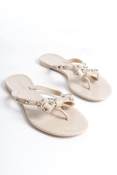 Mubiano Papuci de vară pentru femei Jelly Matte Beige Bow Detaliu plat-MSTB8282-BJ