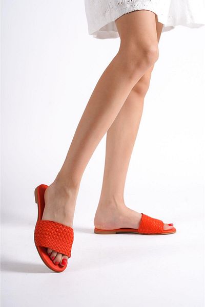 Mubiano Genuine Leather 655-Kr Women's Straw Look Red Flat Slippers