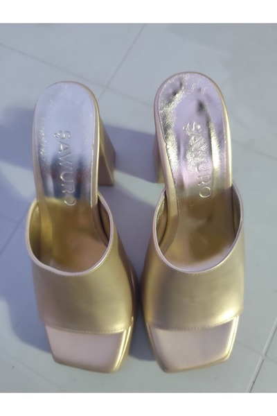 ŞAWURO Gold Women Evening Dress Shoes Platform Slippers Plating Heel Heel Height 11 cm