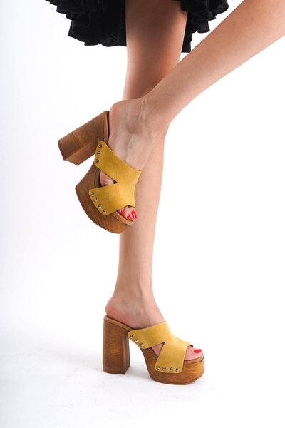 Mubiano Collection Mubiano Genuine Leather Collection Women's Suede Clogs Slippers Mustard - Mcgvn1501 - Hrd