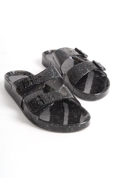 Mubiano Papuci de casă plat cu sclipici negru transparent pentru femei de vară-MSTB165-SSS