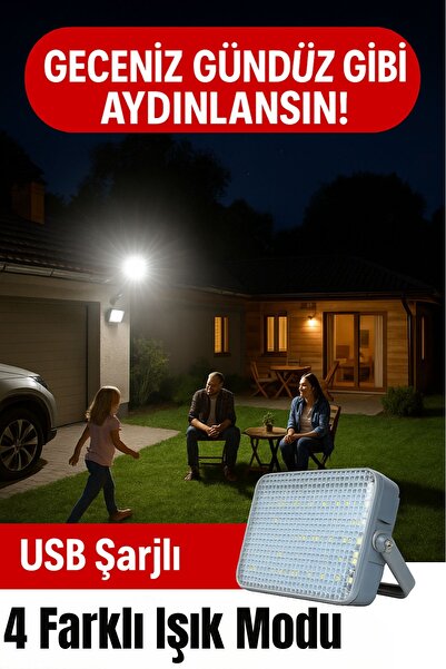 TOYFEST Dış Mekan ve Kamp İçin USB İle Şarj Olan 4 Farklı Işık Modlu Güçlü Projektör Lamba 100W 2400 Mah