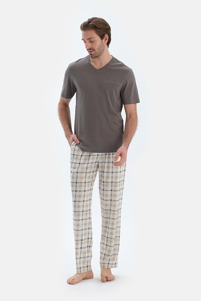 Dagi Set de pijamale cu pantaloni tricou cu mânecă scurtă cu decolteu în V gri