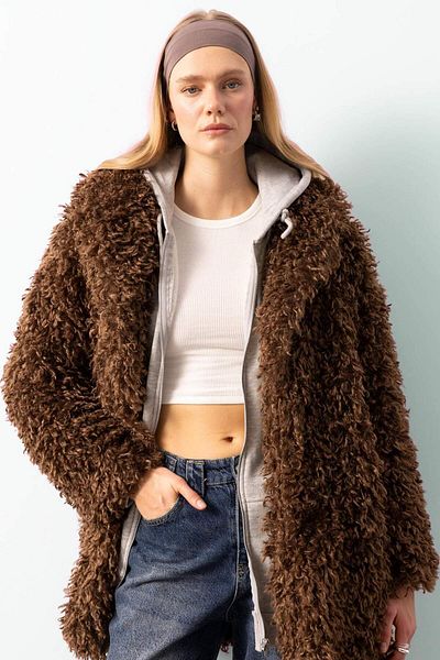 DeFacto Faux Fur Pocket Long Jacket Coat - Regular Fit D6033Ax24Wn