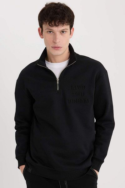 DeFacto Comfortable Stand Collar Zip Printed Sweatshirt - Comfort Regular Fit B0254Ax24Au