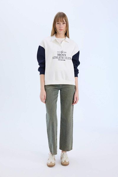 DeFacto Oversize Wide Fit Polo Neck Printed Thick Sweatshirt E1852Ax24Wn