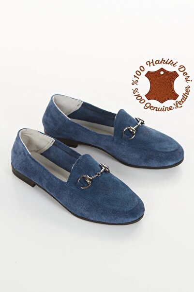 elvinshoes Hakiki Deri Balleri Mavi Süet Toka Casual Bebet