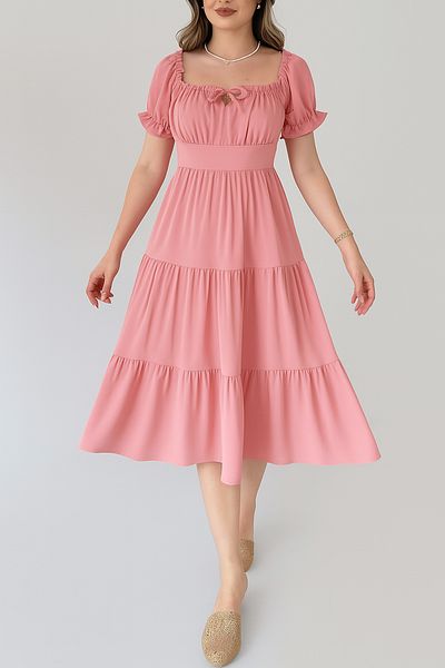 MILANOFOX Dusty Rose Square/Madonna Neckline Elastic Linda Ayrobin Midi Dress - Comfortable, Stylish and Casual Summer Model