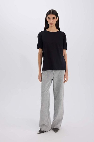 DeFacto Tricou negru cu mânecă scurtă din bumbac pieptănat simplu Relax Fit E4313AX24AU