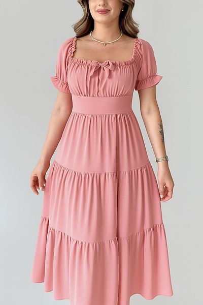 MILANOFOX Dusty Rose Square/Madonna Neckline Elastic Linda Ayrobin Midi Dress - Comfortable, Stylish and Casual Summer Model