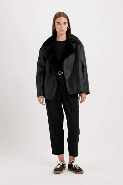 DeFacto Suede Coat - Double Breasted Collar, Button, Plush Lined, Seasonal C6655Ax24Wn