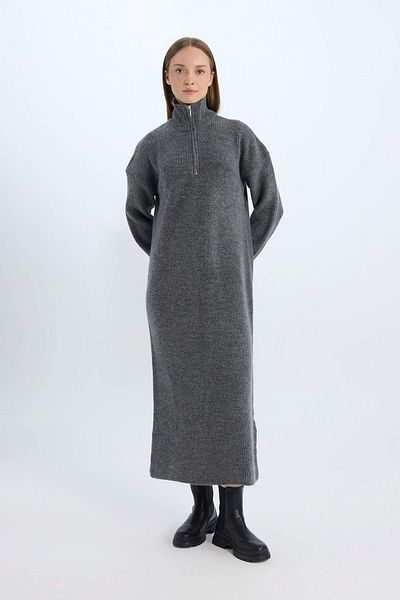 DeFacto Rochie maxi din tricot cu mânecă lungă, cu guler ridicat, cu fermoar - Regular Fit B0195AX24WN