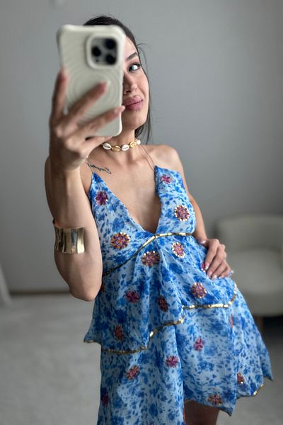 MoyStore Blue Floral Sequin Embroidered Stylish Mini Dress