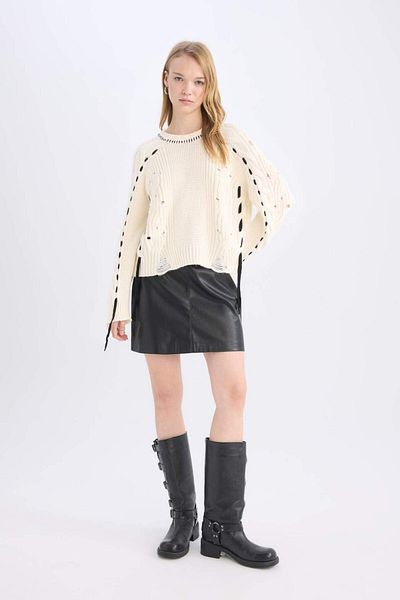 DeFacto Coool Oversize Geniș Calibru Pulover cu Gât Rotund de Tricot D8233AX24WN