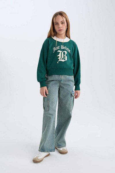 DeFacto Girls' Relax Fit Crew Neck Printed Inside Soft Feather Sweatshirt D7042A824Wn