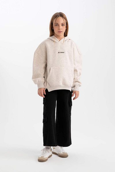 DeFacto Girls Oversize Wide Fit Hooded Printed Soft Furry Inside Sweatshirt D6185A824Wn